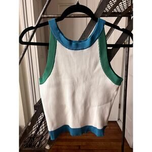 Q2 NWT White Vest Top in L with Blue and Green Block Color Trim